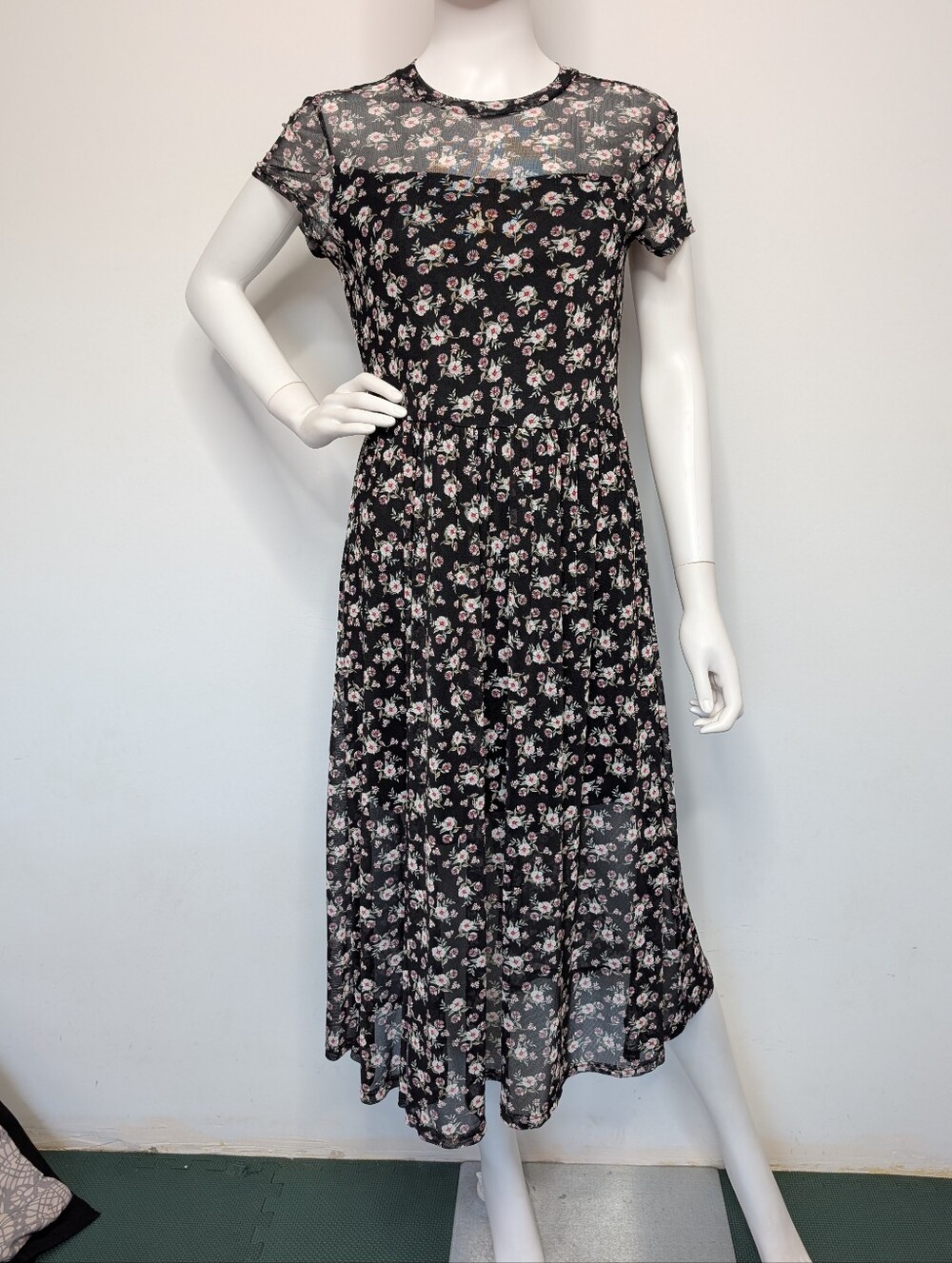 Black & Light Pink Floral Stretchy Micro Mesh Short Sleeve Babydoll Midi Dress